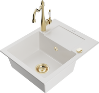 Mexen Enzo granitový kuchynský drez s 1 komorou, odkvapkávačom a kuchynskou batériou Carla, biely - 6506-20-670700-50