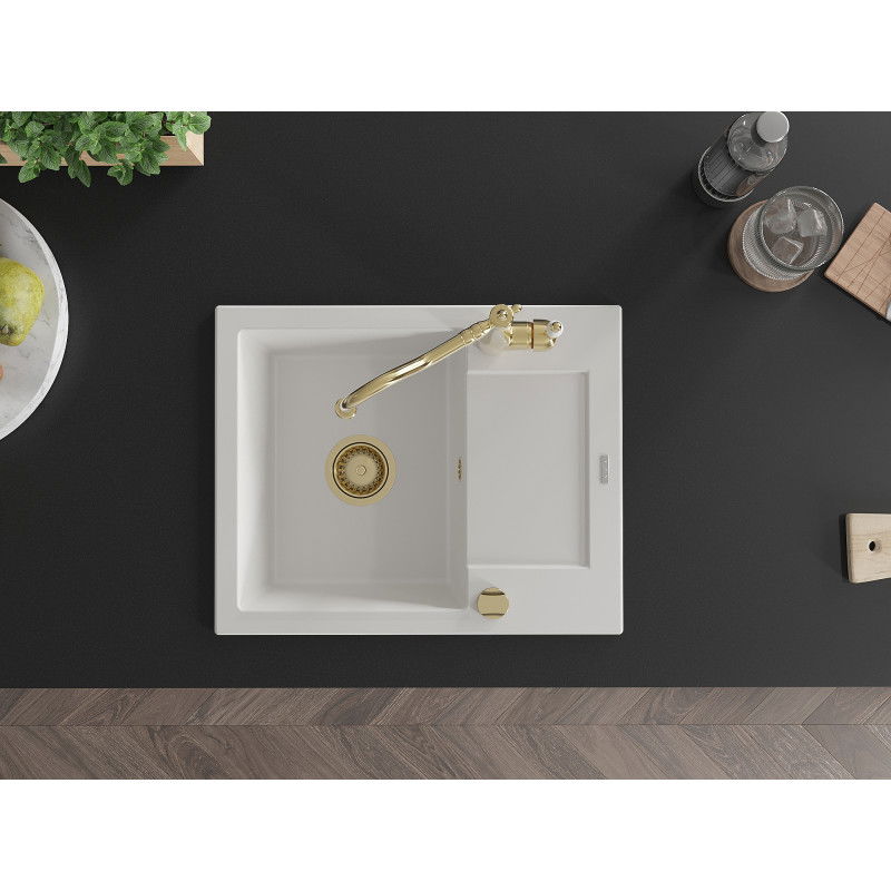 Mexen Enzo granitový kuchynský drez s 1 komorou, odkvapkávačom a kuchynskou batériou Carla, biely - 6506-20-670700-50