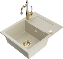 Mexen Enzo granitový drez s 1-komorou s odkvapkávačom a kuchynskou batériou Carla, béžový - 6506-69-670700-50