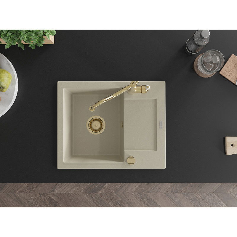 Mexen Enzo granitový drez s 1-komorou s odkvapkávačom a kuchynskou batériou Carla, béžový - 6506-69-670700-50