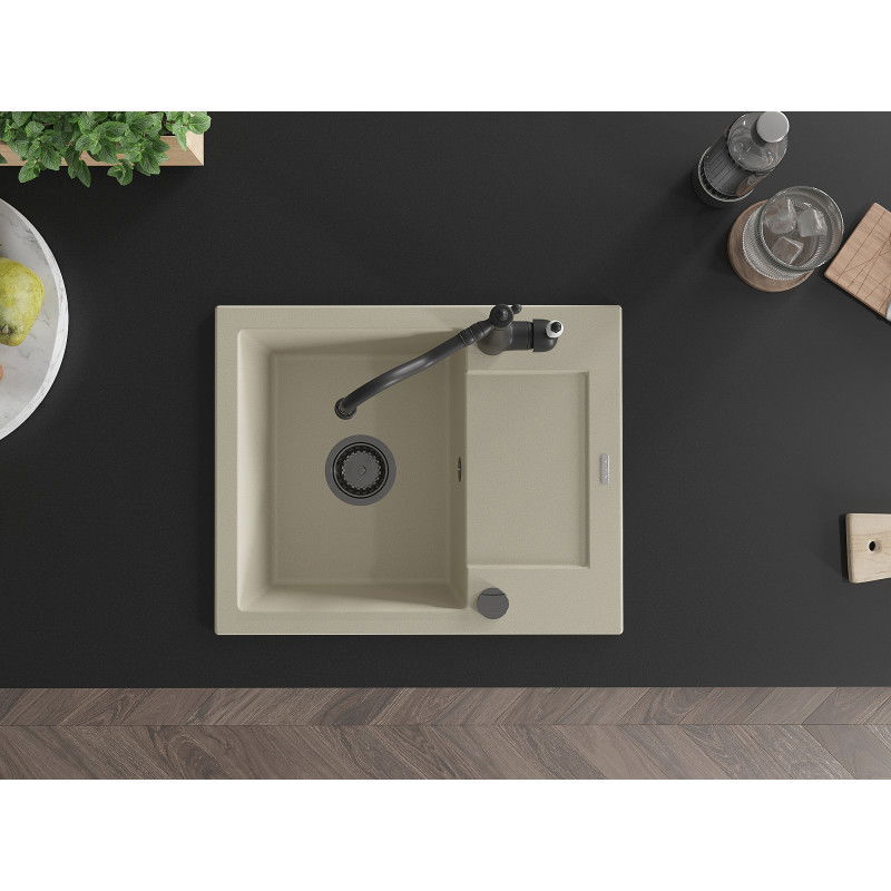 Mexen Enzo žulový drez 1-komorový s odkvapkávačom a kuchynskou batériou Carla, béžový - 6506-69-670700-70