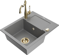 Mexen Enzo granitový kuchynský drez s 1 komorou, odkvapkávačom a kuchynskou batériou Carla, sivý - 6506-71-670700-50