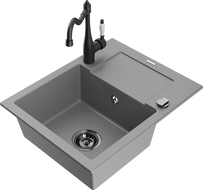 Mexen Enzo jednovaničkový granitový drez s odkvapkávačom a kuchynskou batériou Carla, sivý - 6506-71-670700-70-B