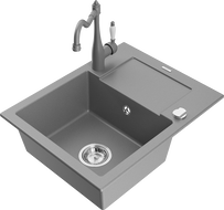Mexen Enzo granitový drez 1-komorový s odkvapkávačom a kuchynskou batériou Carla, sivý - 6506-71-670700-71