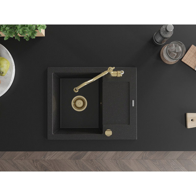 Mexen Enzo granitový drez s jednou komorou, odkvapom a kuchynskou batériou Carla, čierna/strieborný metalický