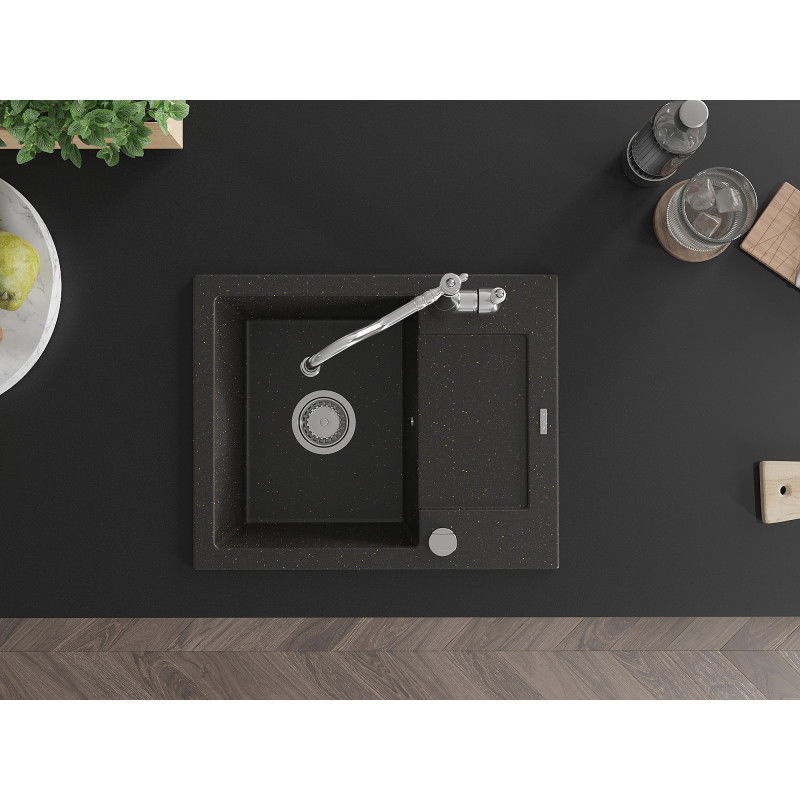 Mexen Enzo granitový drez s 1-komorou a odkvapkávačom a kuchynskou batériou Carla, čierny/zlatý metalik - 6506-75-670700-00