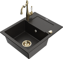 Mexen Enzo granitový drez 1-komorový s odkvapkávačom a kuchynskou batériou Carla, čierny/zlatý metalik - 6506-75-670700-50