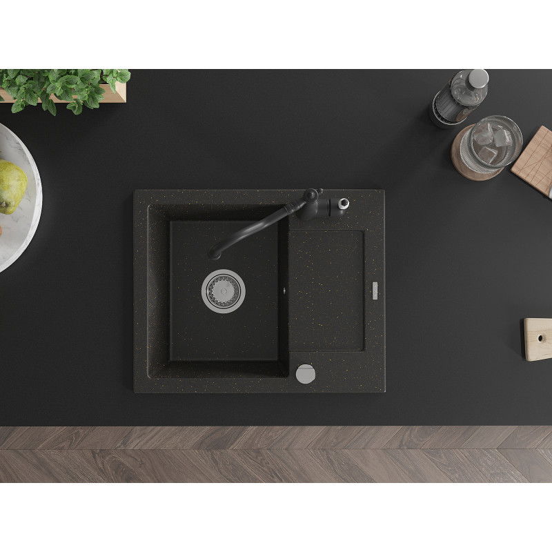 Mexen Enzo žulový drez s 1-komorou s odkvapkávačom a kuchynskou batériou Carla, čierny/zlatý metalik - 6506-75-670700-70