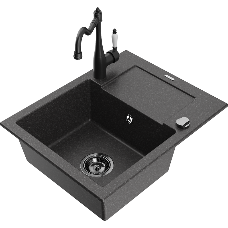 Mexen Enzo granitový drez s 1 komorou, odkvapkávačom a kuchynskou batériou Carla, čierny s bodkami - 6506-76-670700-70-B