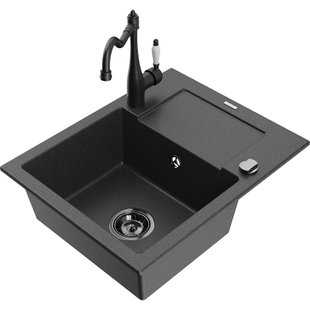 Mexen Enzo granitový drez s 1 komorou, odkvapkávačom a kuchynskou batériou Carla, čierny s bodkami - 6506-76-670700-70-B