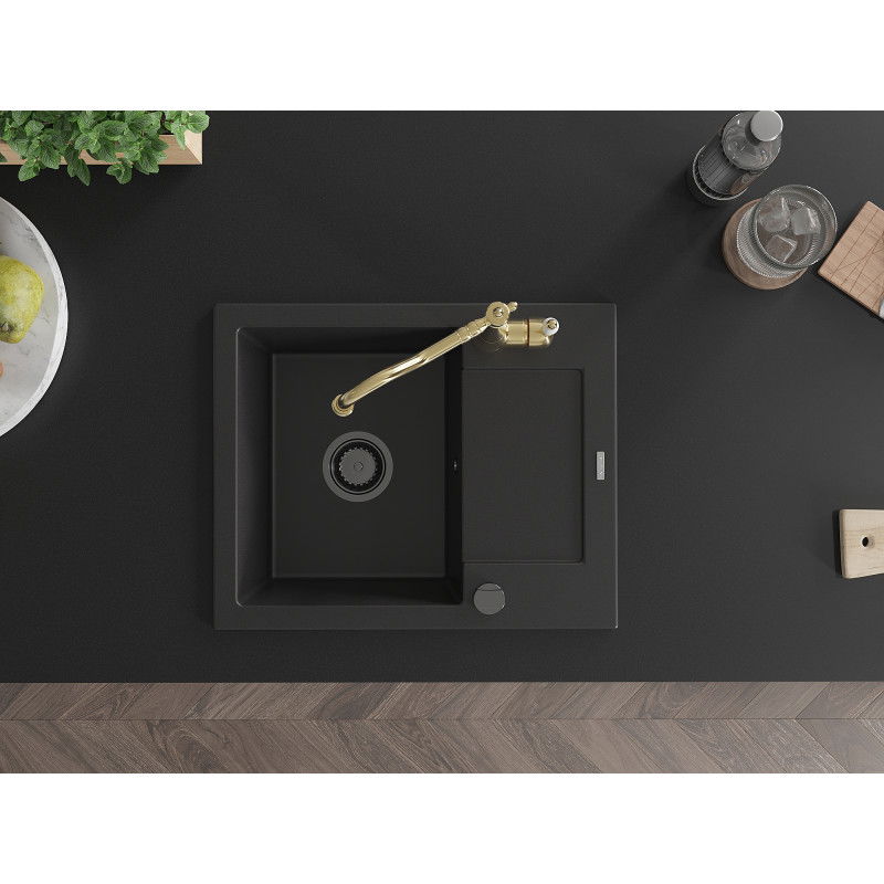 Mexen Enzo žulový drez s odkvapkávačom a kuchynskou batériou Carla, čierny - 6506-77-670700-50-B