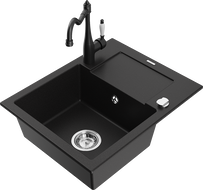 Mexen Enzo jednokomorový granitový drez s odkvapkávačom a kuchynskou batériou Carla, čierny - 6506-77-670700-70