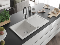 Mexen Leo žulový drez 1-komorový s odkvapkávacou plochou a kuchynskou batériou Aster, biely - 6501-20-73450-07