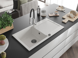 Mexen Leo žulový drez s 1 komorou a odkvapkávacou plochou a kuchynskou batériou Aster, biela - 6501-20-73450-07-B