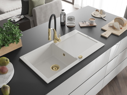 Mexen Leo granitový drez 1-komorový s odkvapkávačom a kuchynskou batériou Aster, biely - 6501-20-73450-57-G