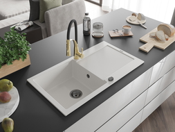 Mexen Leo granitový kuchynský drez 1-komorový s odkvapkávacou plochou a kuchynskou batériou Aster, biely - 6501-20-73450-57-B