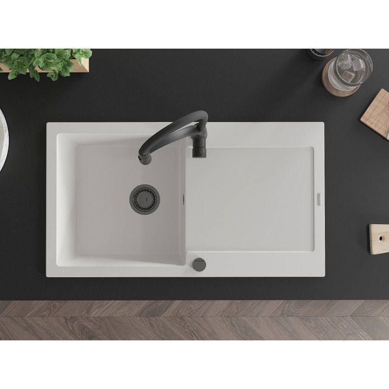 Mexen Leo žulový kuchynský drez 1-komorový s odkvapkávačom a kuchynskou batériou Aster, biely - 6501-20-73450-70-B