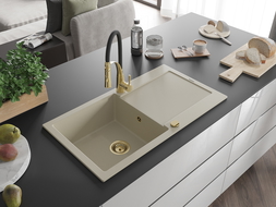 Mexen Leo granitový drez s 1-komorou s odkvapkávačom a kuchynskou batériou Aster, béžový - 6501-69-73450-57-G