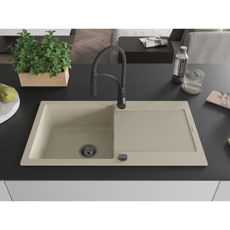 Mexen Leo žulový kuchynský drez s odkvapkávačom a kuchynskou batériou Aster, béžový - 6501-69-73450-70-B