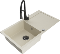 Mexen Leo žulový kuchynský drez s odkvapkávačom a kuchynskou batériou Aster, béžový - 6501-69-73450-70-B