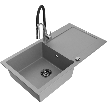 Mexen Leo granitový kuchynský drez s jednou komorou a odkvapkávačom a kuchynská batéria Aster, sivý - 6501-71-73450-07-B
