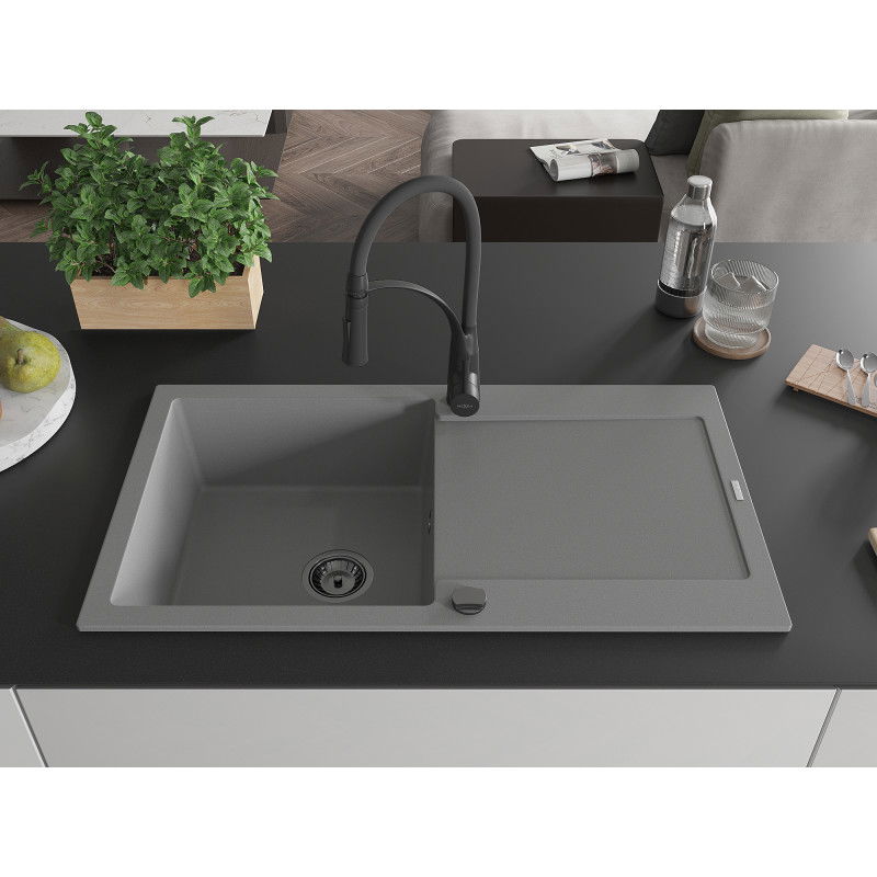 Mexen Leo žulový drez s 1 komorou a odkvapkávačom a kuchynská batéria Aster, sivá - 6501-71-73450-70-B