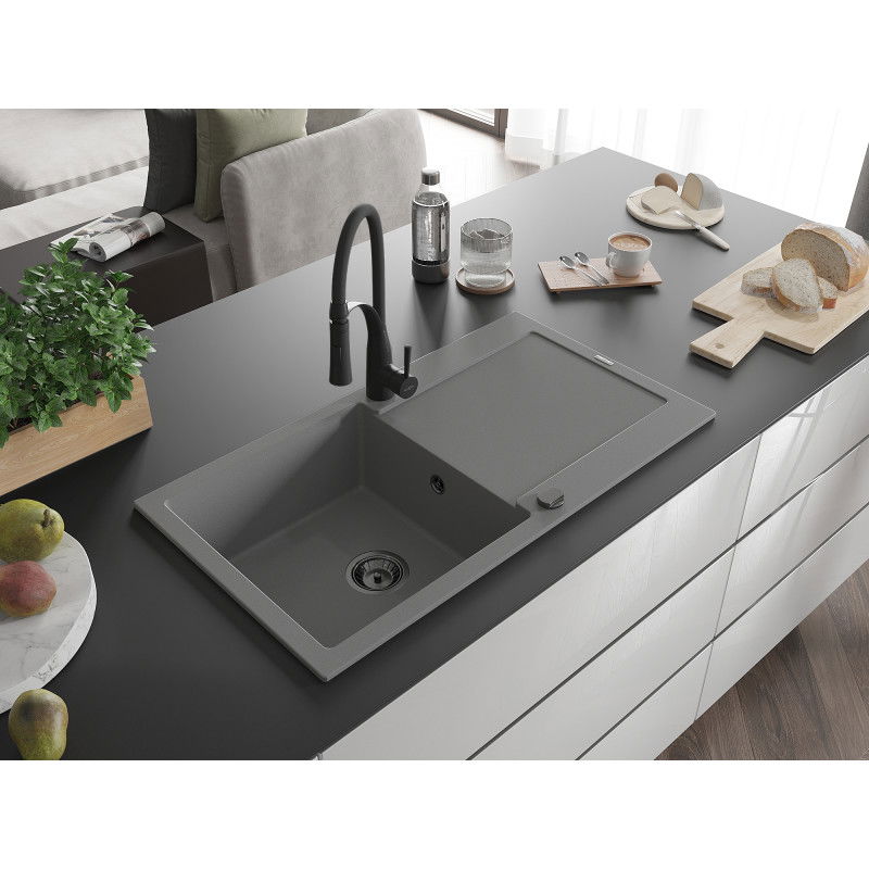 Mexen Leo žulový drez s 1 komorou a odkvapkávačom a kuchynská batéria Aster, sivá - 6501-71-73450-70-B