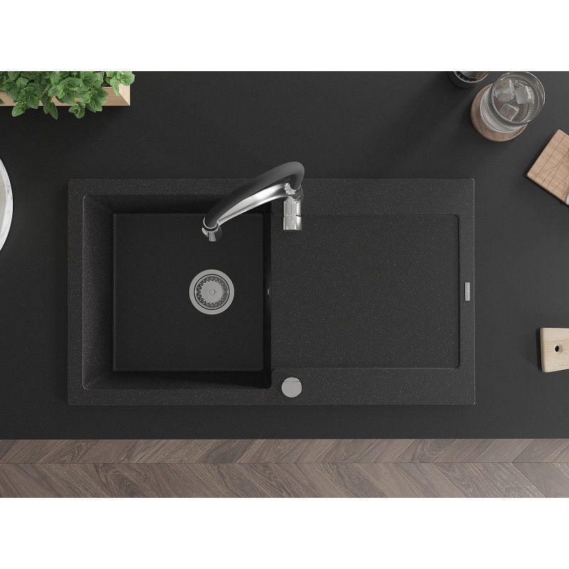 Mexen Leo granitový drez 1-komorový s odkvapkávačom a kuchynskou batériou Aster, čierny/strieborný metalický - 6501-73-73450-07