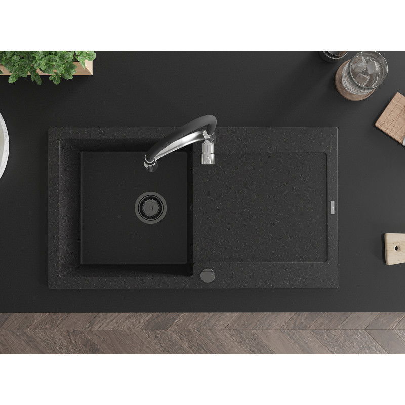 Mexen Leo granitový kuchynský drez s jednou komorou a odkvapkávačom a kuchynskou batériou Aster, čierny/strieborný