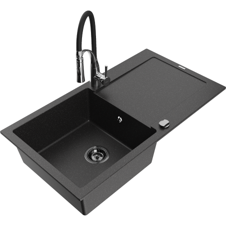 Mexen Leo granitový kuchynský drez s jednou komorou a odkvapkávačom a kuchynskou batériou Aster, čierny/strieborný