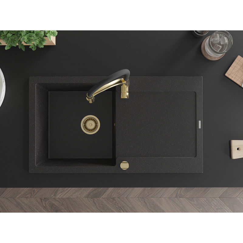 Mexen Leo žulový kuchynský drez s 1,5 komorou a kuchynskou batériou Aster, čierny/strieborný metalik - 6501-73-73450-57-G