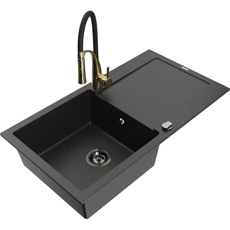Mexen Leo granitový drez s 1 komorou a odkvapkávačom a kuchynskou batériou Aster, čierny/strieborný metalický