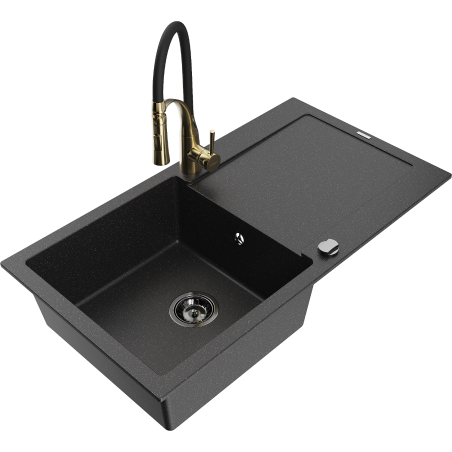 Mexen Leo granitový drez s 1 komorou a odkvapkávačom a kuchynskou batériou Aster, čierny/strieborný metalický