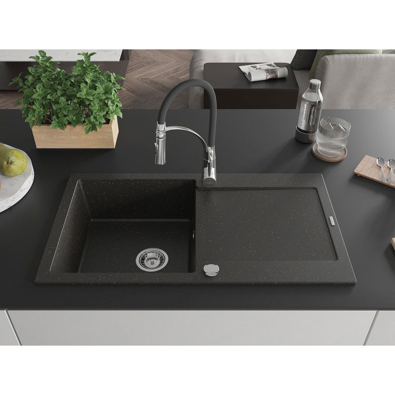 Mexen Leo žulový kuchynský drez 1-komorový s odkvapkávačom a kuchynskou batériou Aster, čierny/zlatý metalik - 6501-75-73450-07