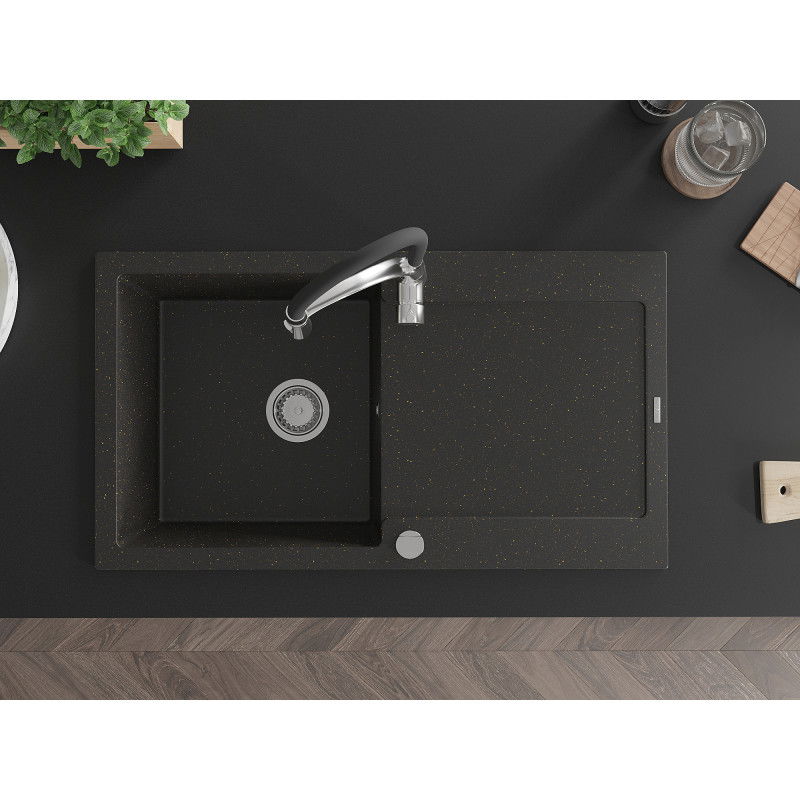 Mexen Leo žulový kuchynský drez 1-komorový s odkvapkávačom a kuchynskou batériou Aster, čierny/zlatý metalik - 6501-75-73450-07