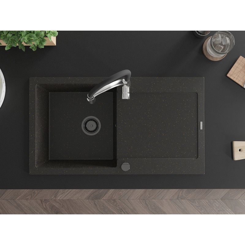 Mexen Leo Granitový kuchynský drez 1-komorový s odkvapkávačom a kuchynskou batériou Aster, čierny/zlatý metalický
