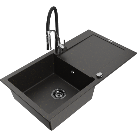 Mexen Leo Granitový kuchynský drez 1-komorový s odkvapkávačom a kuchynskou batériou Aster, čierny/zlatý metalický