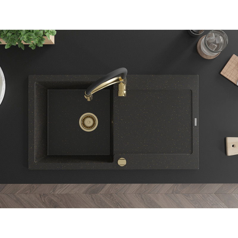 Mexen Leo granitový drez 1-komorový s odkvapkávačom a kuchynskou batériou Aster, čierny/zlatý metalik - 6501-75-73450-57-G