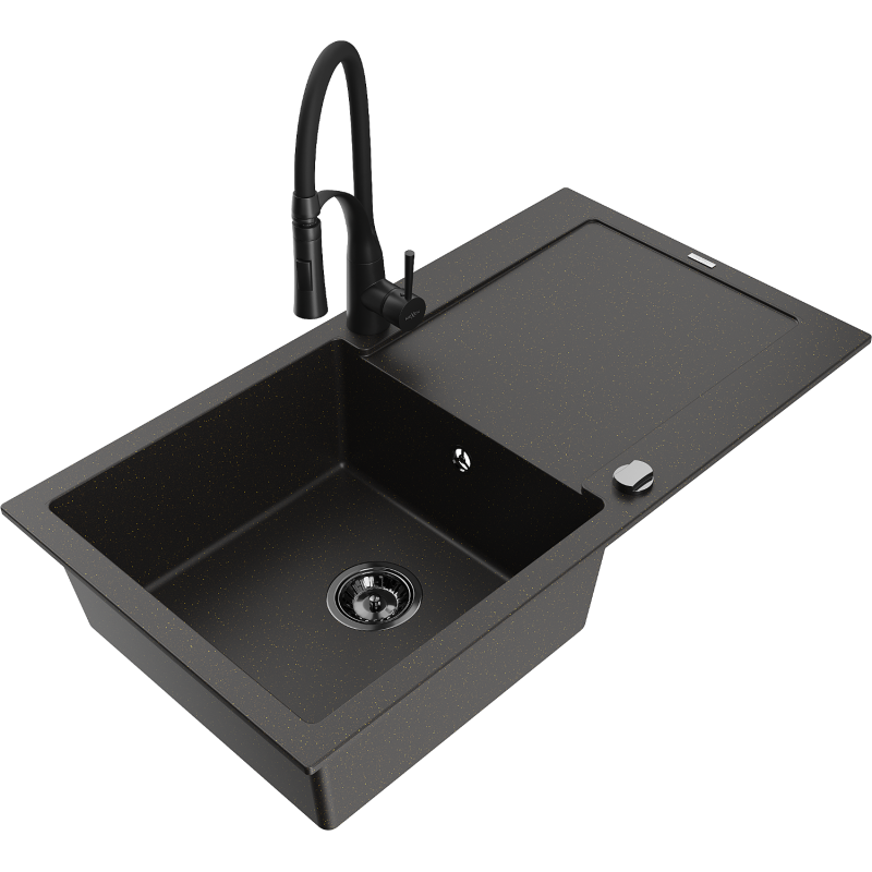 Mexen Leo granitový jednokomorový drez s odkvapkávačom a kuchynskou batériou Aster, čierny/zlatý metalik