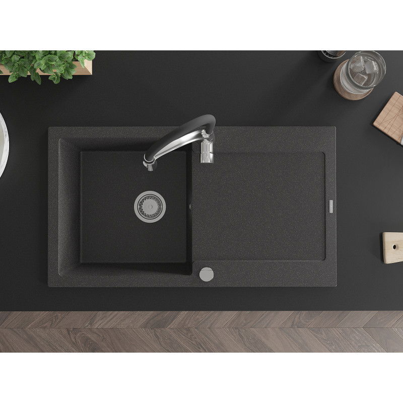 Mexen Leo granitový drez s 1 komorou, odkvapkávačom a kuchynskou batériou Aster, čierny škvrnitý - 6501-76-73450-07