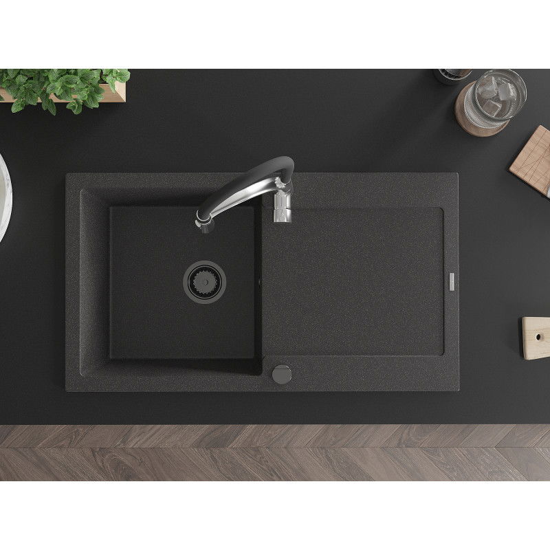 Mexen Leo granitový kuchynský drez 1-komorový s odkvapkávačom a kuchynskou batériou Aster, čierny škvrnitý - 6501-76-73450-07-B
