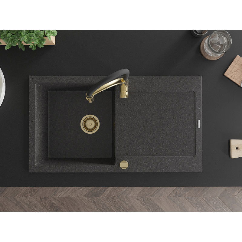 Mexen Leo granitový drez s 1 komorou s odkvapkávačom a kuchynskou batériou Aster, čierny škvrnitý - 6501-76-73450-57-G