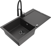 Mexen Leo granitový kuchynský drez s 1-komorou a odkvapkávačom a kuchynskou batériou Aster, čierne žíhané - 6501-76-73450-70-B