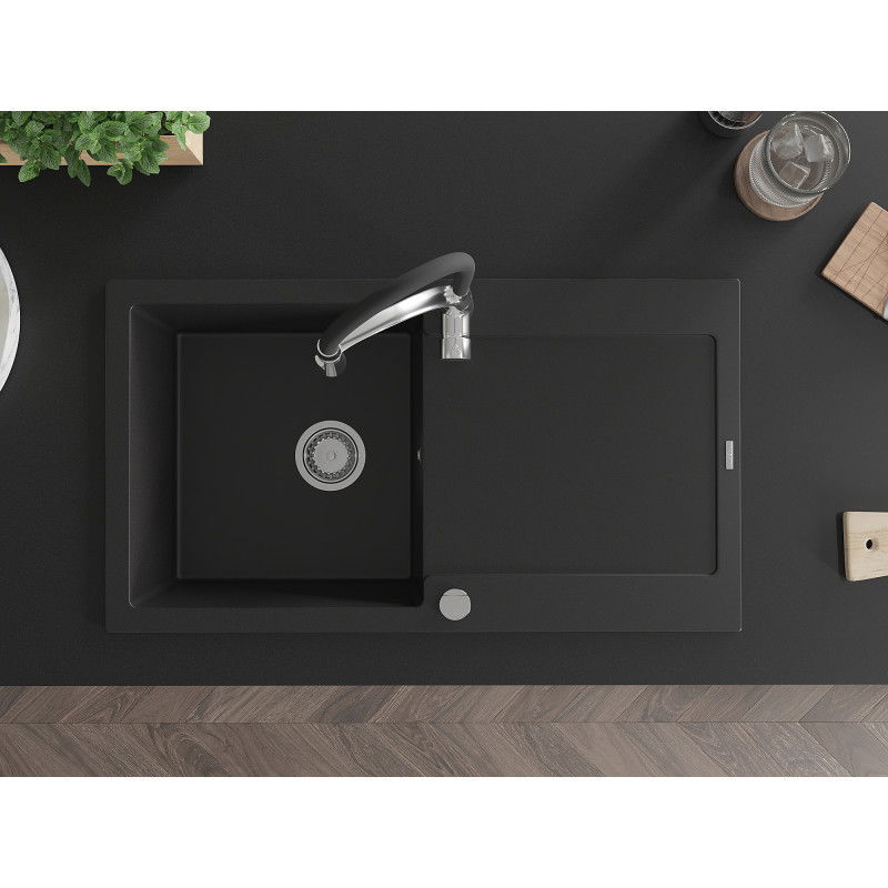 Mexen Leo žulový kuchynský drez s 1 komorou, odkvapkávacou plochou a kuchynskou batériou Aster, čierna - 6501-77-73450-07