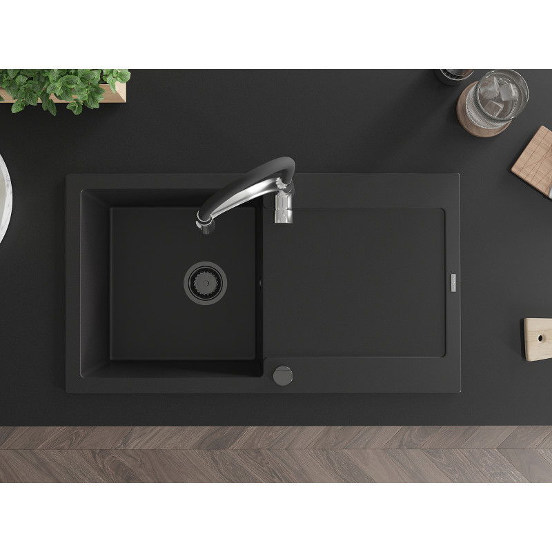 Mexen Leo žulový drez s 1-komorou, odkvapkávačom a kuchynskou batériou Aster, čierny - 6501-77-73450-07-B