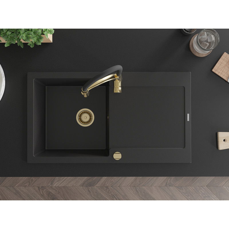 Mexen Leo granitový kuchynský drez s 1 komorou a odkvapkávacou plochou a kuchynskou batériou Aster, čierny - 6501-77-73450-57-G