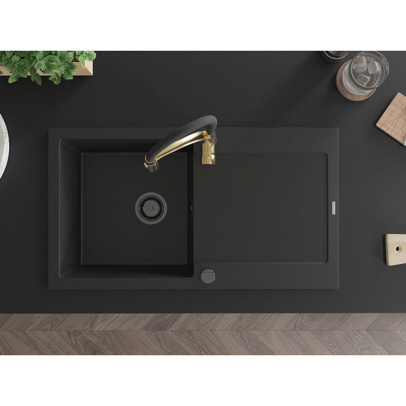 Mexen Leo granitový jednokomorový drez s odkvapkávačom a kuchynskou batériou Aster, čierny - 6501-77-73450-57-B