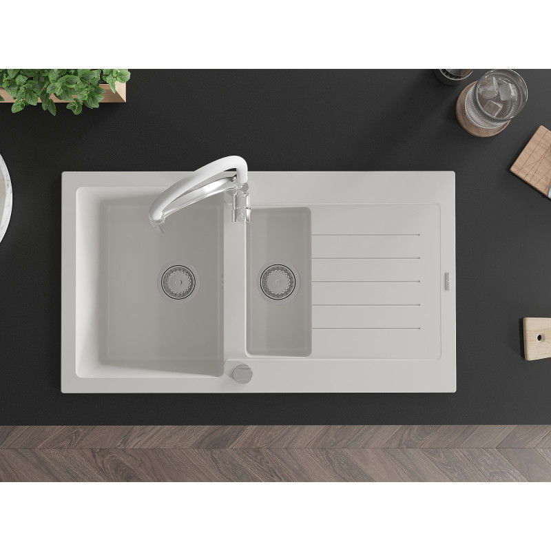 Mexen Matias granitový drez s 1,5-komorami s odkvapkávačom a kuchynskou batériou Aster, biely - 6502-20-73450-02