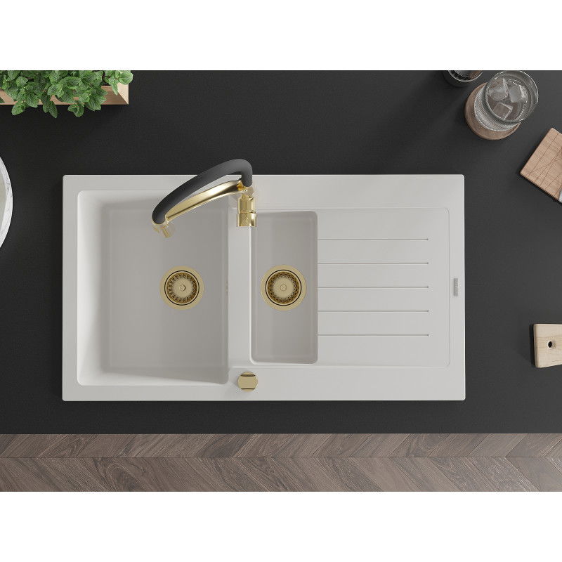 Mexen Matias granitový drez 1,5-komorový s odkvapkávačom a kuchynskou batériou Aster, biela - 6502-20-73450-57-G
