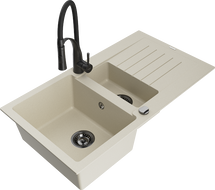 Mexen Matias žulový drez 1,5-komorový s odkvapkávacou plochou a kuchynskou batériou Aster, béžový - 6502-69-73450-70-B